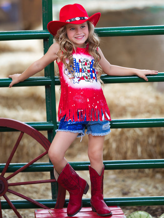 Mia Belle Girls USA Sparkle Sequin Denim Shorts Set