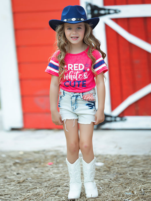 Mia Belle Girls Red, White, and Cute Denim Shorts Set