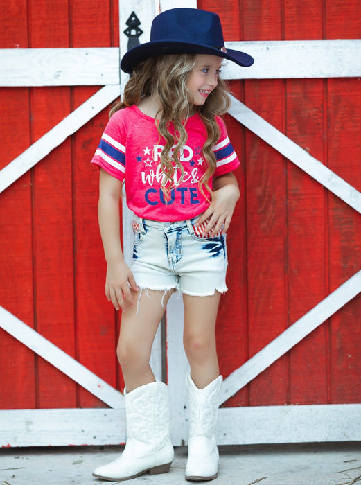 Mia Belle Girls Red, White, and Cute Denim Shorts Set