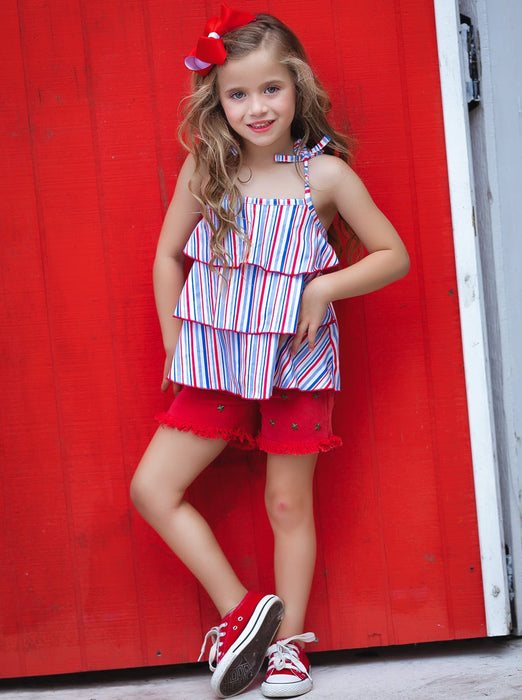 Mia Belle Girls Free To Be Me Striped Top and Frayed Denim Shorts Set