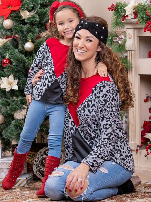 Mia Belle Girls Mommy and Me Crimson Leopard Colorblock Top