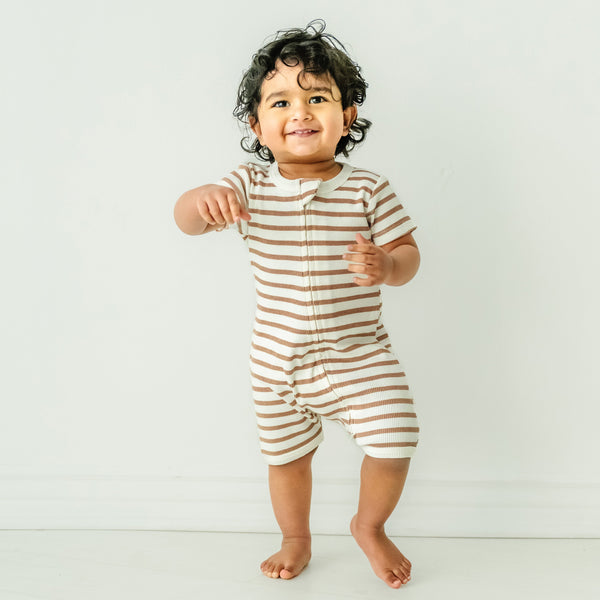 Makemake Organics Organic Baby Short Zip Romper - Stripes