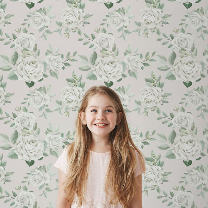 TeepeeJoy Floral Wallpaper Peel and Stick or Traditional - White Roses