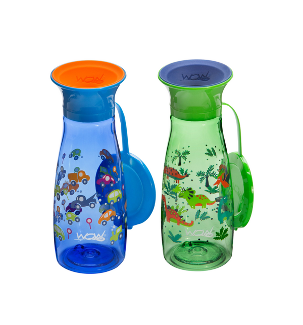 WOW CUP Mini 360 Bottle Twinpack -  Blue Cars/Green Dinosaurs, 2 x 12 oz/2 x 350 ml