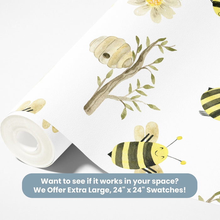 TeepeeJoy Bee Themed Nursery Wallpaper and Kids Room Wallpaper - Honeybee Garden Waltz