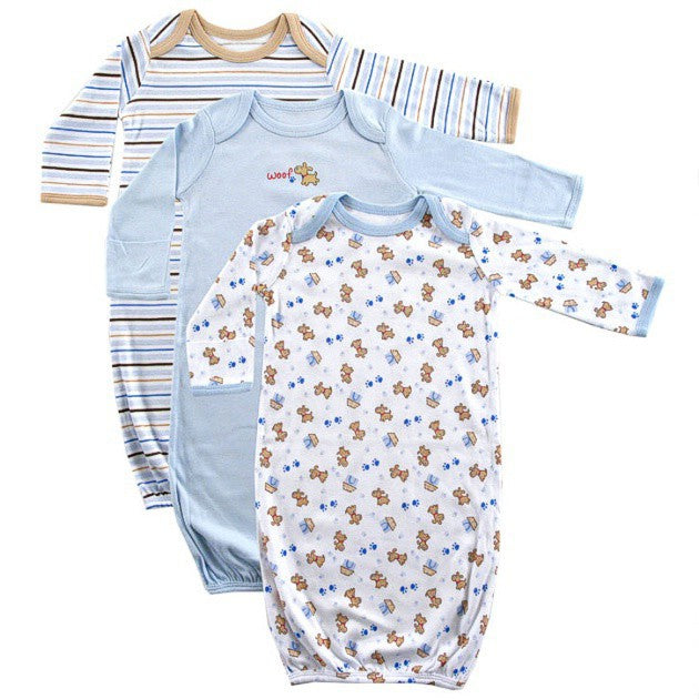 Luvable Friends Infant Long Sleeve Cotton Gowns, Blue, 3-Pack, Preemie-Newborn