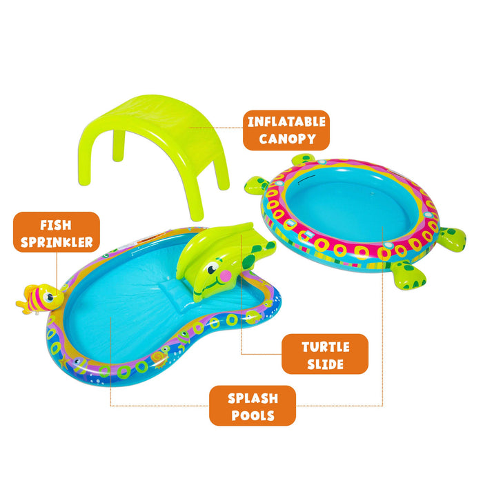 Banzai Shade N Slide Turtle Inflatable Outdoor Kiddie Splash Pool with Sprinkler