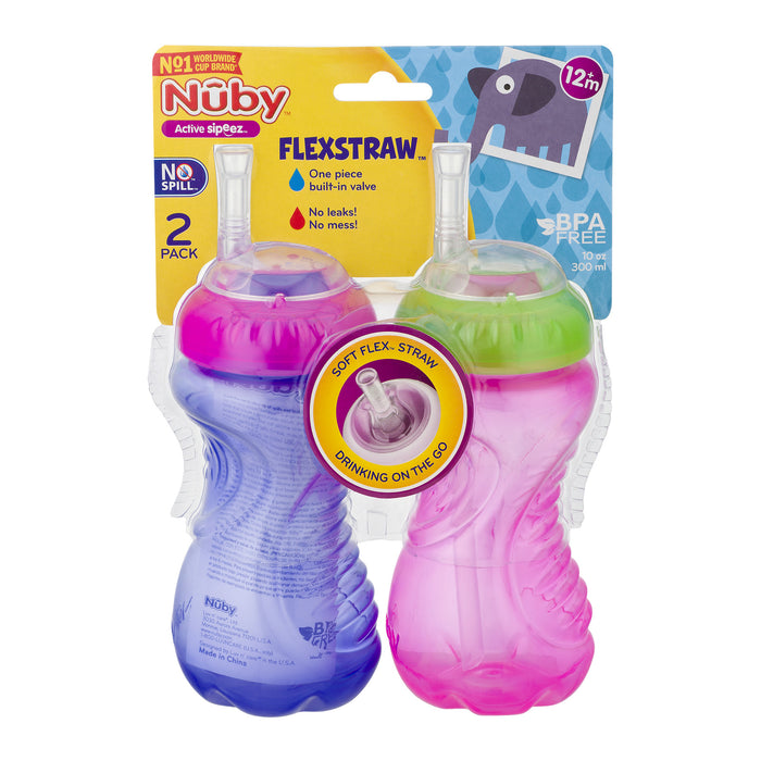 Nuby 2-Pack No-Spill Cup with Flex Straw 10 Ounce (Colors May Vary)