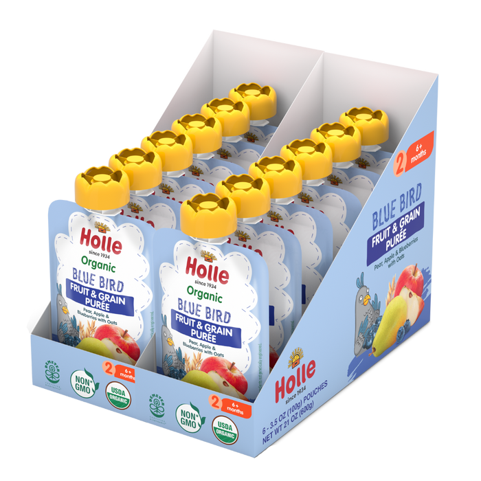 Holle Baby Food Pouches - Organic Fruit & Grain Puree - Blue Bird