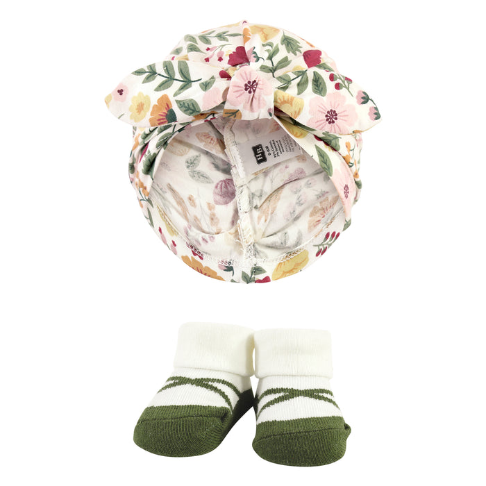 Hudson Baby Infant Girl Turban and Socks Set, Fall Botanical, One Size