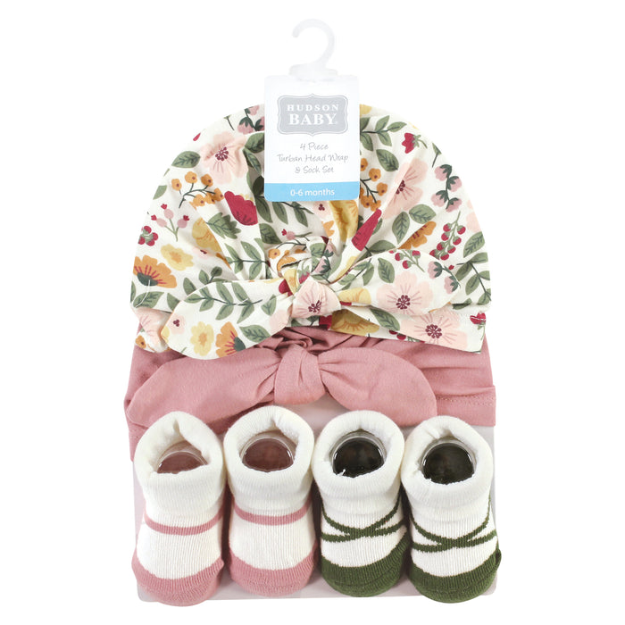 Hudson Baby Infant Girl Turban and Socks Set, Fall Botanical, One Size