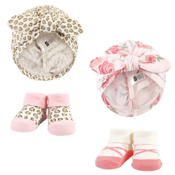 Hudson Baby Infant Girl Turban and Socks Set, Blush Rose Leopard, One Size