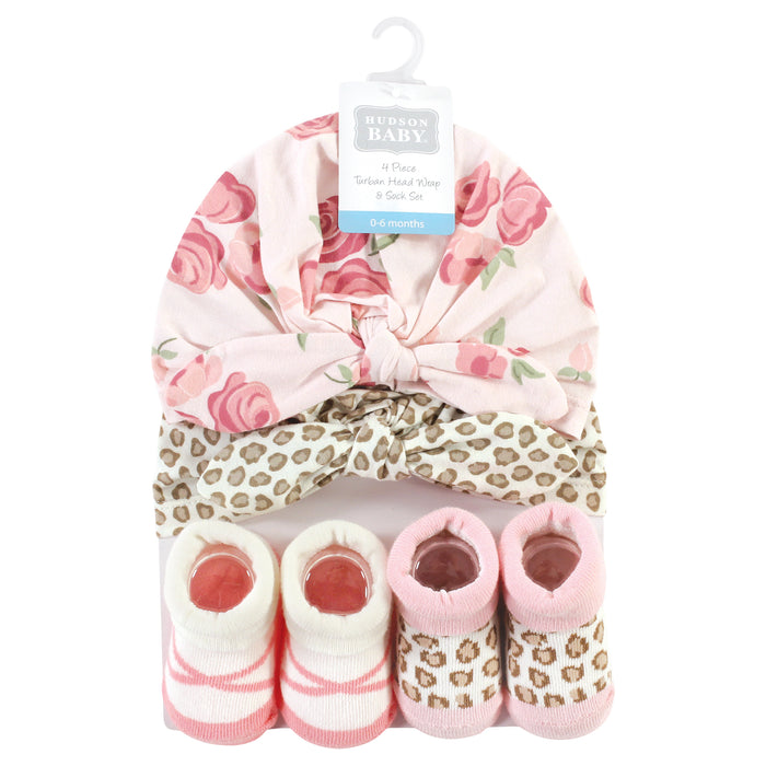 Hudson Baby Infant Girl Turban and Socks Set, Blush Rose Leopard, One Size