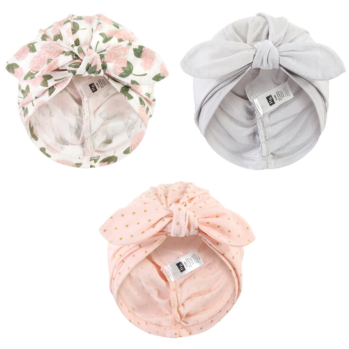 Hudson Baby Infant Girl Turban Cotton Headwraps, Pink Peony, One Size