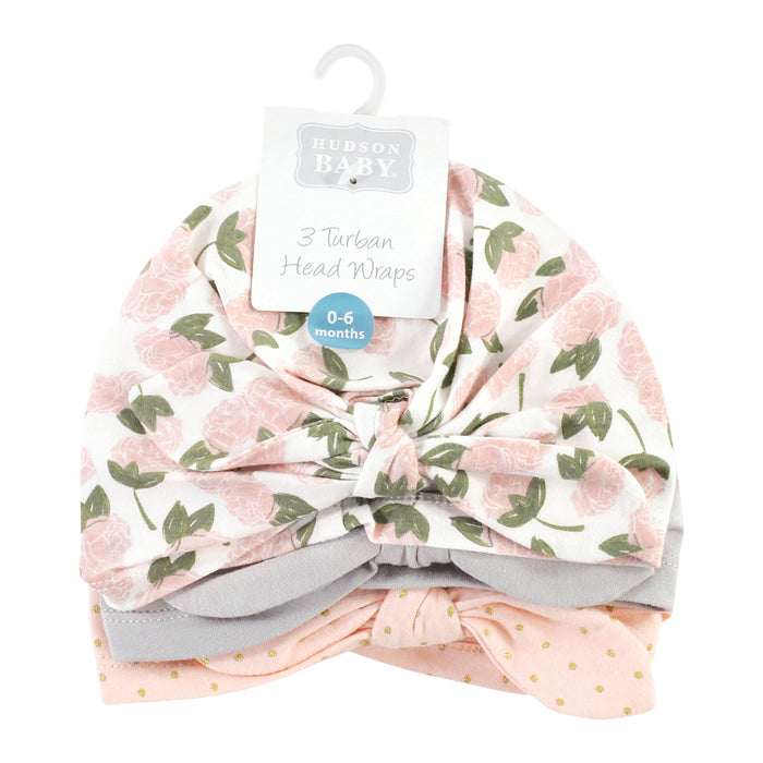 Hudson Baby Infant Girl Turban Cotton Headwraps, Pink Peony, One Size