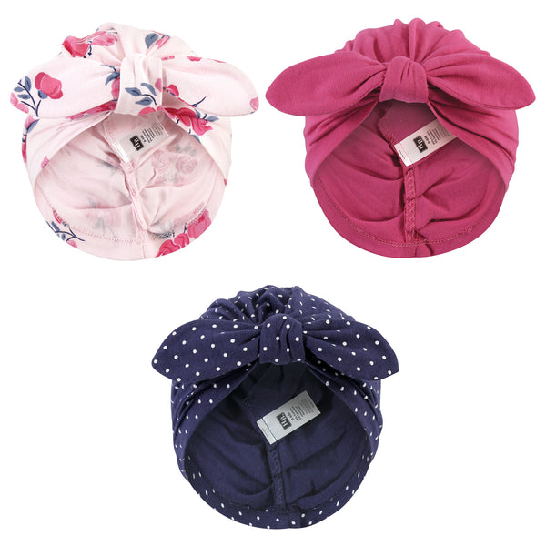 Hudson Baby Infant Girl Turban Cotton Headwraps, Pink Navy Floral, One Size