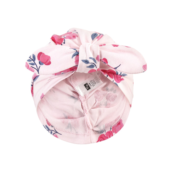 Hudson Baby Infant Girl Turban Cotton Headwraps, Pink Navy Floral, One Size