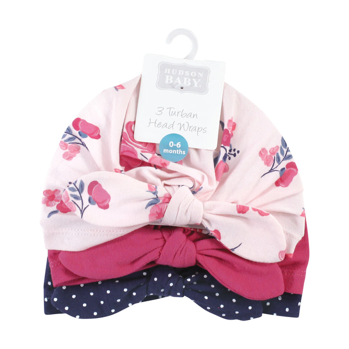 Hudson Baby Infant Girl Turban Cotton Headwraps, Pink Navy Floral, One Size