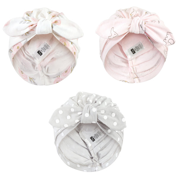 Hudson Baby Infant Girl Turban Cotton Headwraps, Pink Gray Elephant, One Size