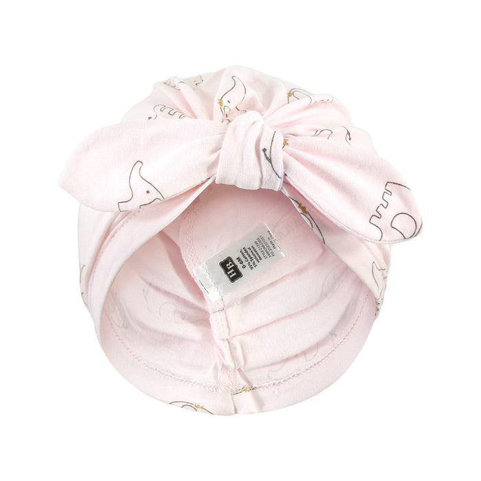 Hudson Baby Infant Girl Turban Cotton Headwraps, Pink Gray Elephant, One Size