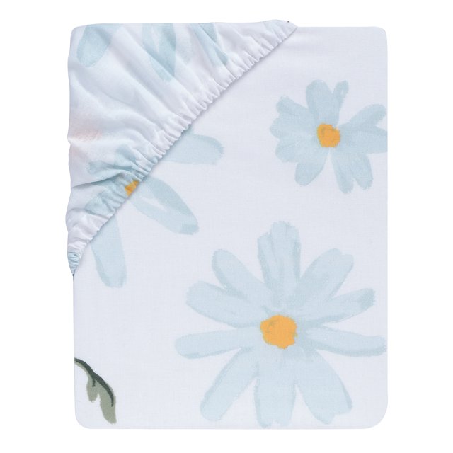 Lambs & Ivy Sweet Daisy 100% Cotton White/Blue Floral Fitted Crib Sheet
