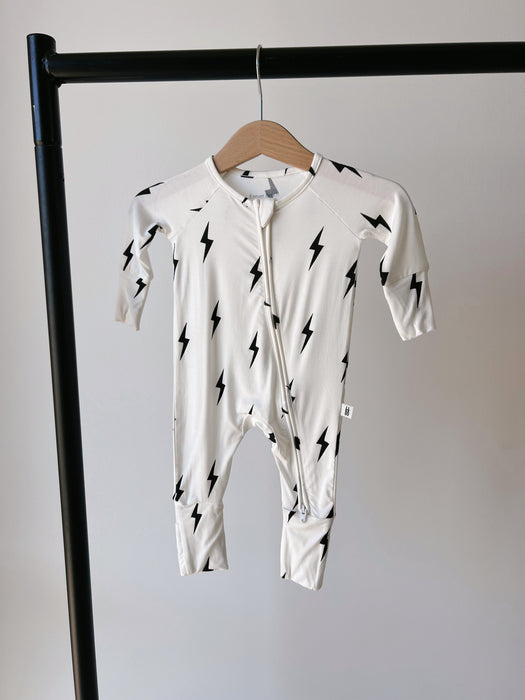 forever french baby Bamboo Zip Pajamas | White & Black Lightning Bolt