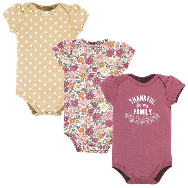 Hudson Baby Infant Girl Cotton Bodysuits, Thankful Floral