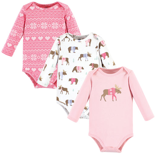 Hudson Baby Cotton Long-Sleeve Bodysuits, Pink Moose Bear, 3-Pack