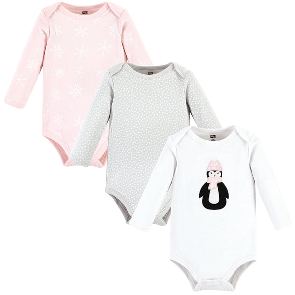 Hudson Baby Infant Girl Cotton Long-Sleeve Bodysuits, Pink Penguin 3 Pack