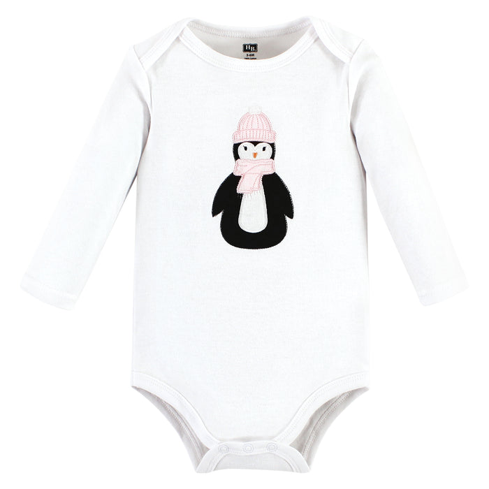 Hudson Baby Infant Girl Cotton Long-Sleeve Bodysuits, Pink Penguin 3 Pack