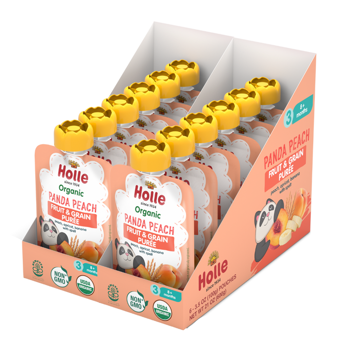 Holle Baby Food Pouches - Organic Fruit & Grain Puree -  Panda Peach