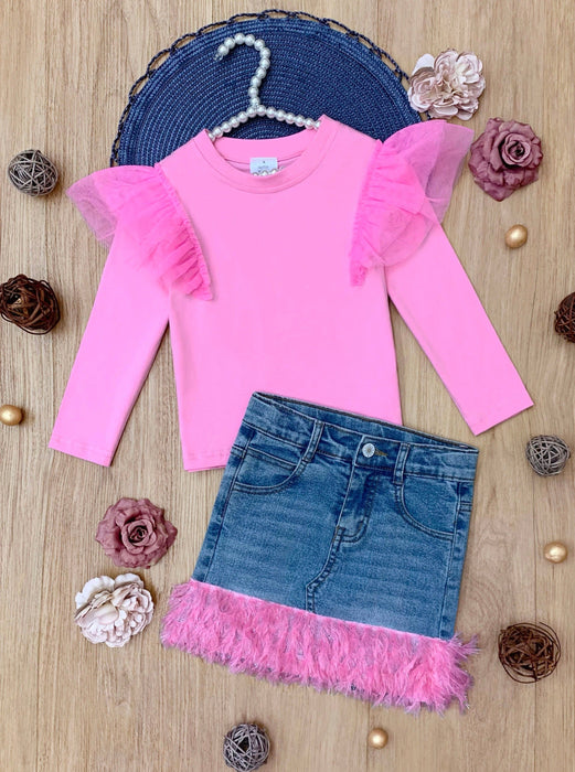 Mia Belle Girls Pink Ruffle Top and Feather Trim Denim Skirt Set