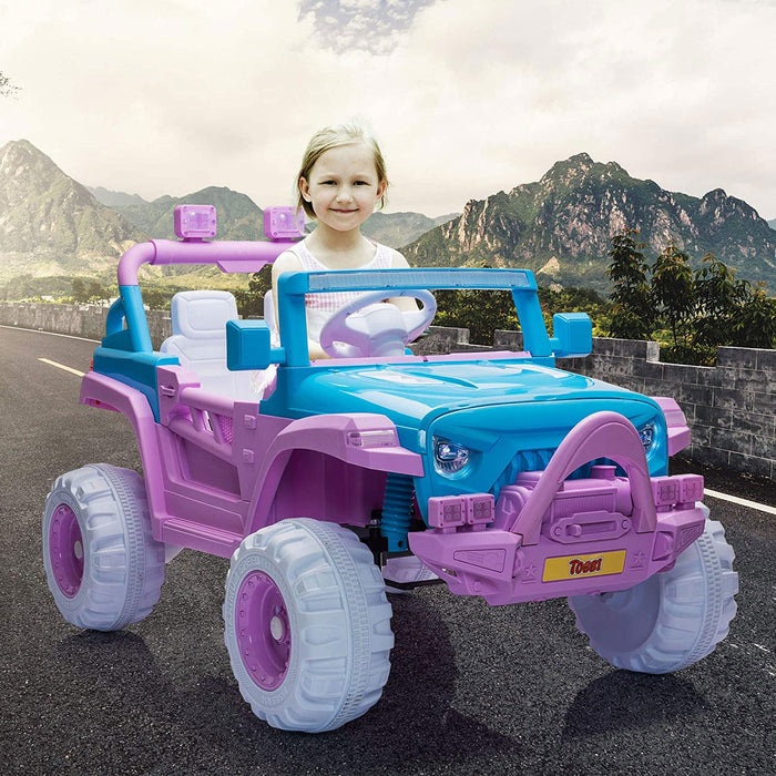 TOBBI 12V Kids Electric Battery-Powered Ride On 3 Speed Toy SUV Car, Blue/Purple