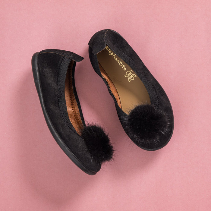 Elephantito Suede Pom Pom Ballerina Black