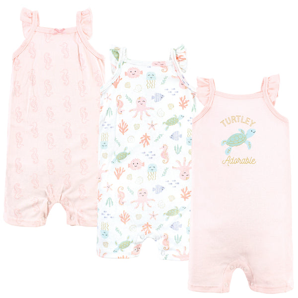 Hudson Baby Infant Girl Cotton Rompers, Turtley Adorable