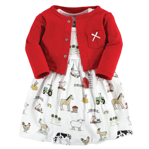 Hudson Baby Girls Cotton Dress and Cardigan Set, Farm