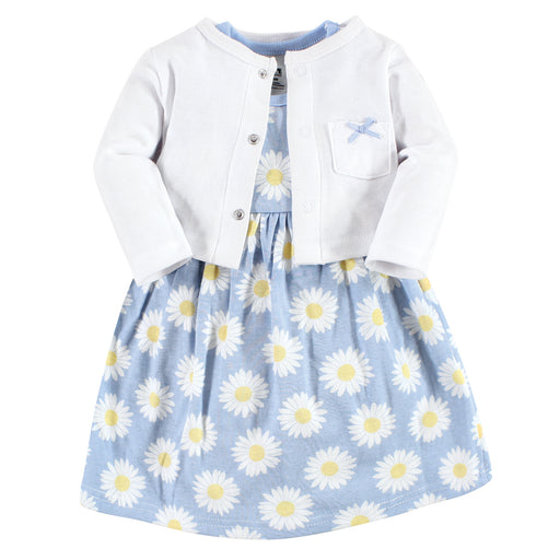 Hudson Baby Girls Cotton Dress and Cardigan Set, Blue Daisy