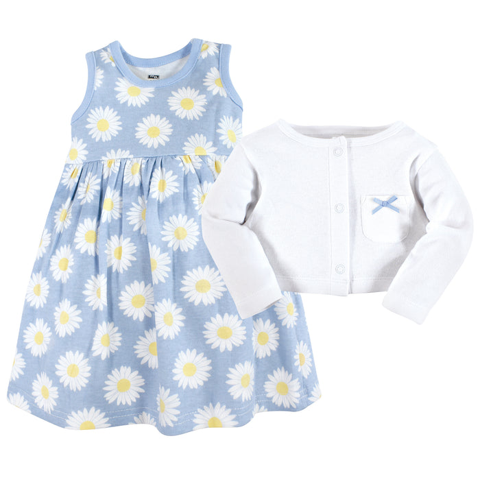 Hudson Baby Girls Cotton Dress and Cardigan Set, Blue Daisy