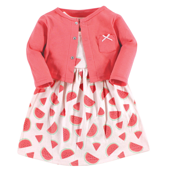 Hudson Baby Girls Cotton Dress and Cardigan Set, Coral Watermelon