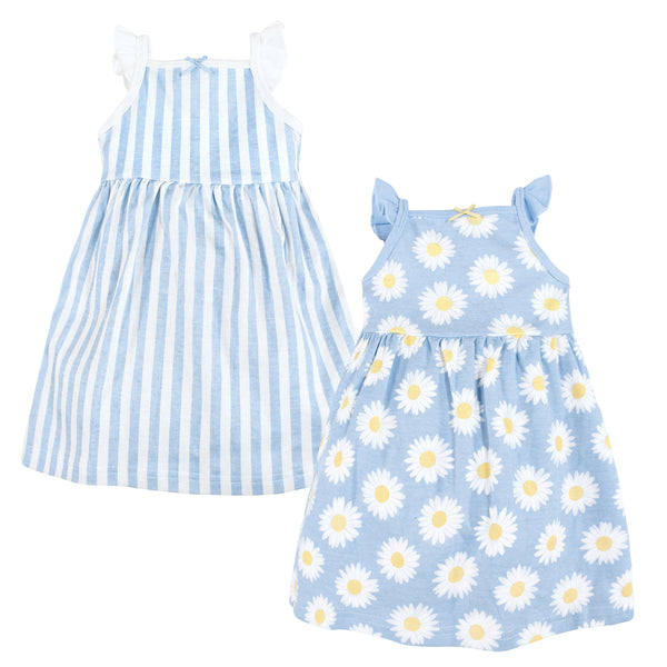 Hudson Baby Girls Cotton Dresses, Blue Daisy, 2-Pack