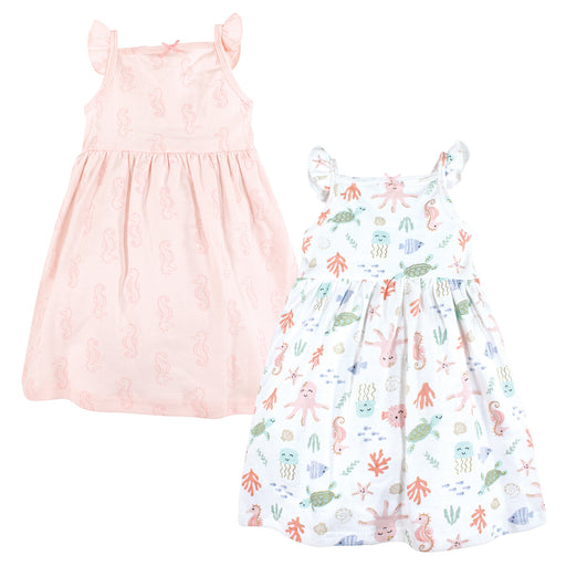 Hudson Baby Girls Cotton Dresses, Pastel Sea, 2-Pack