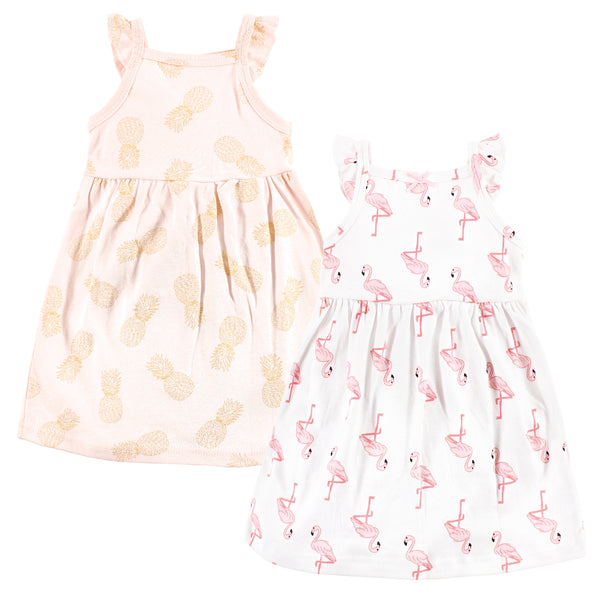 Hudson Baby Girls Cotton Dresses, Flamingo Pineapple, 2-Pack