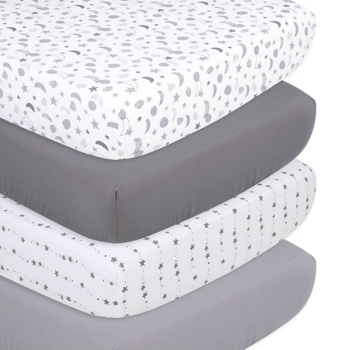 The Peanutshell Fitted Crib Sheets Set for Baby Boys or Girls, Grey & White Celestial Moon and Stars, 4 Pack Set