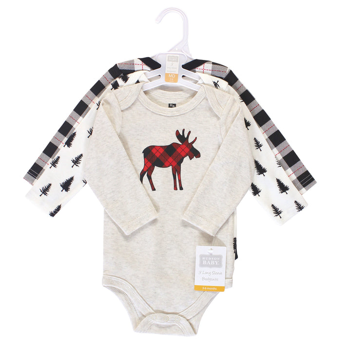 Hudson Baby Infant Boy Cotton Long-Sleeve Bodysuits 3 Pack, Moose