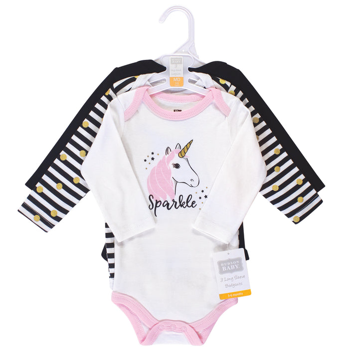 Hudson Baby Infant Girl Cotton Long-Sleeve Bodysuits 3-pack, Sparkle Unicorn
