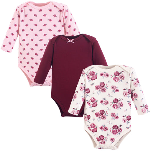 Hudson Baby Infant Girl Cotton Long-Sleeve Bodysuits 3-pack, Rose