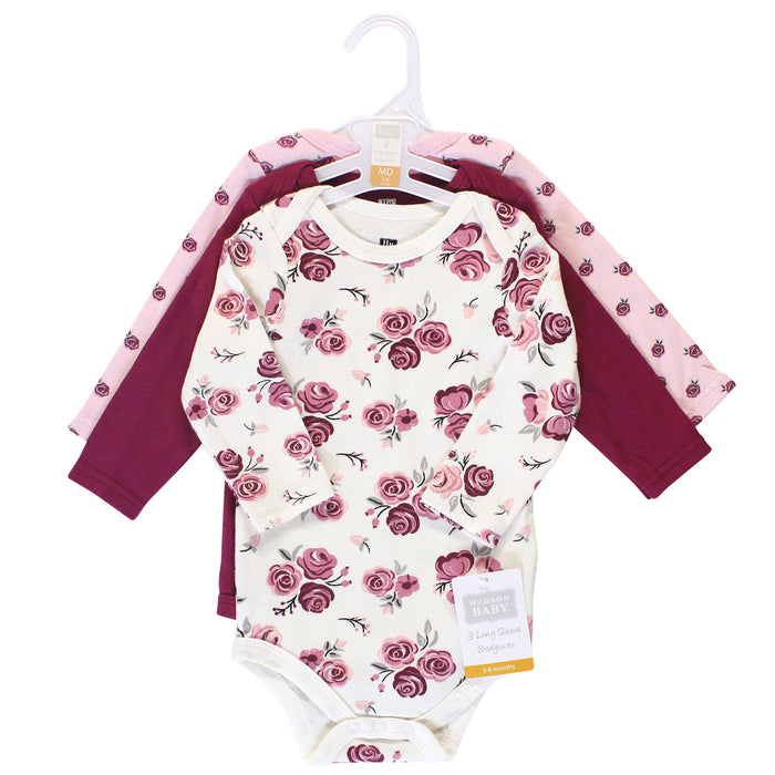 Hudson Baby Infant Girl Cotton Long-Sleeve Bodysuits 3-pack, Rose