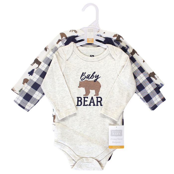 Hudson Baby Infant Boy Cotton Long-Sleeve Bodysuits 3 Pack, Moose Bear