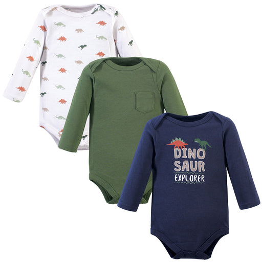 Hudson Baby Infant Boy Cotton Long-Sleeve Bodysuits 3 Pack, Dinosaur Explorer