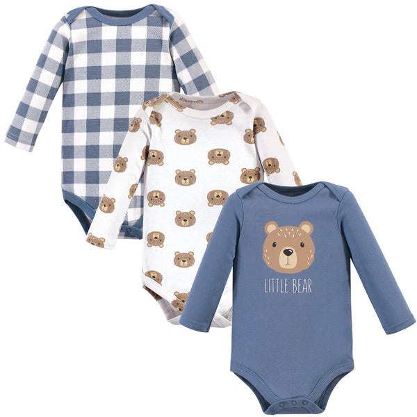 Hudson Baby Infant Boy Cotton Long-Sleeve Bodysuits 3 Pack, Little Bear